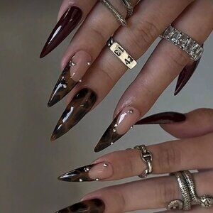 24pcs Long Brown Leopard Print French Manicure w/ Silver Studs-Press-On Nails